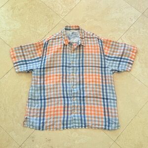 Tommy Bahama Relax Linen Shirt Mens XL Orange Blue Plaid Short Sleeve Button Up